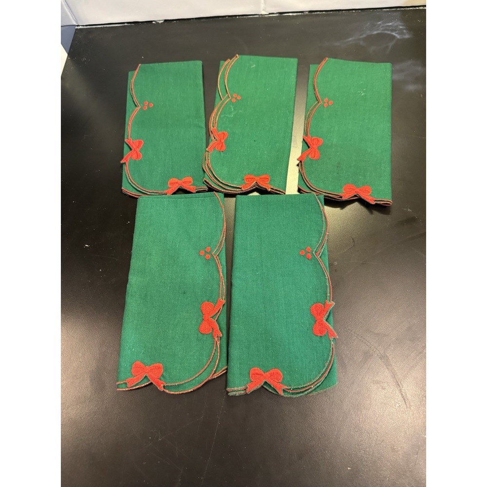 5 PC Christmas Napkins GREEN & RED  Linen Embroidered  Bows Estate Find‎